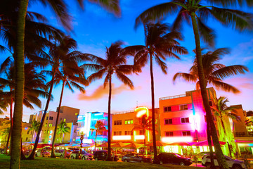 Miami South Beach sunset Ocean Drive Florida - obrazy, fototapety, plakaty