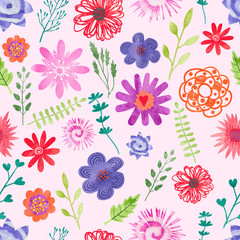Watercolor floral seamless pattern. Vector background with colorful flowers and leaves. 