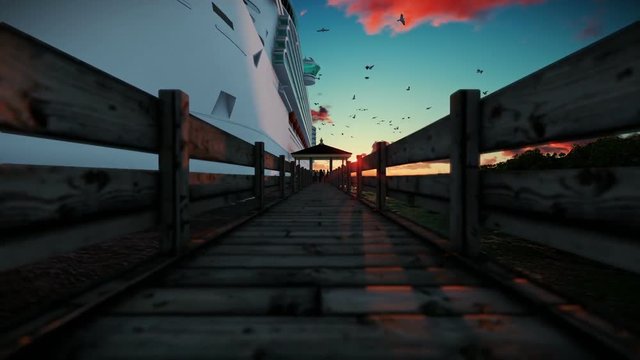 Passengenrs waiting to embark on cruise ship, timelapse sunset, sound include