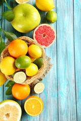 Citrus fruits on a blue wooden table