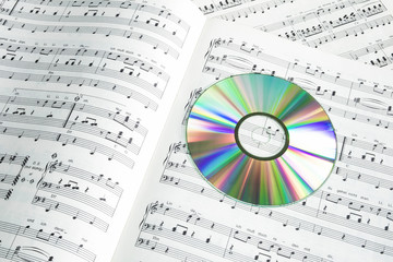 Detail of colorful cd-dvd on piano score
