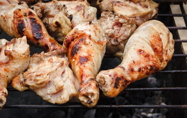barbecue, chiken, cook, drumstick, fry, grid, grill, outside, picnic, smoke, sticks, meat