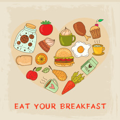 Hand drawn breakfast food and icons doodle set. School lunch menu.