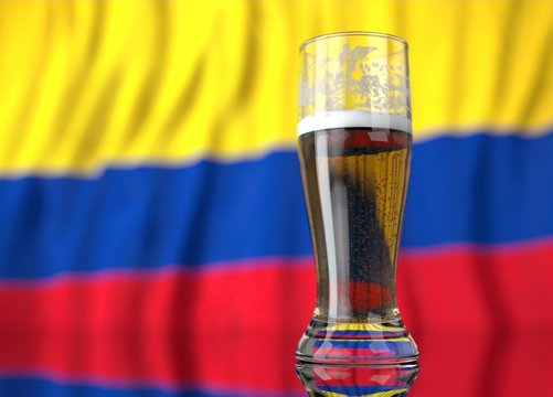 a glass of beer in front a colombian flag. 3D illustration rendering.