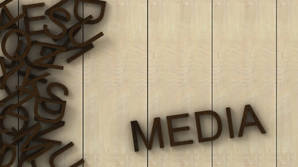 Word media made with block wooden letters next to a pile of other letters over the wooden board surface composition. 3d render