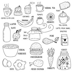 Hand drawn breakfast food and icons doodle set. School lunch menu.