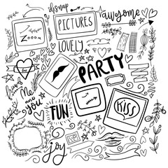 Set of cute and girly jand drawn vector doodle stickers.