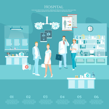 Medicine banners infographics doctors and hospital interiors