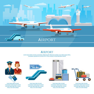Airport infographics aircraft runway airline pilot stewardess