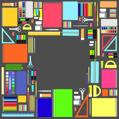 School supplies background. Stationery, pens, notebooks, paints, drawing materials. Vector illustration.