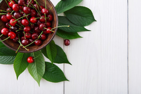 Fresh cherries with green leaves on white rustic wood