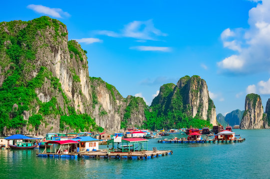 Floating fishing village and rock islands in Halong Bay, Vietnam