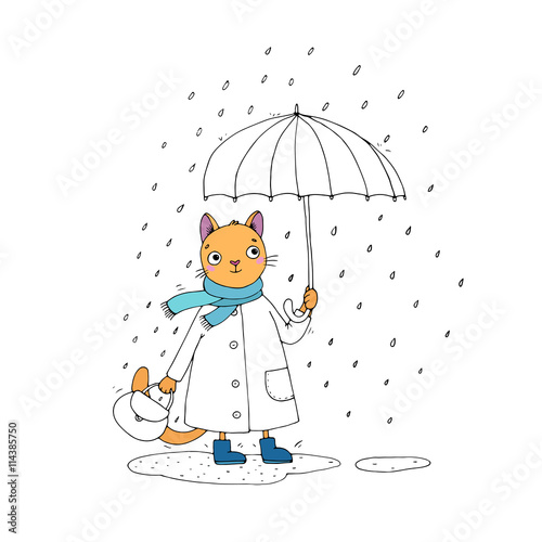 "Cute cartoon cat, umbrella, rain and puddles." Stock image and royalty