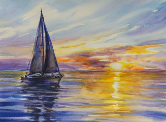 Yacht naviguant contre le coucher du soleil.Image créée avec des aquarelles