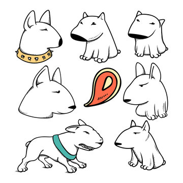 Dogs characters pitbull. Funny animals cartoon. Doodle dog. Sticker dog pitbull. Funny character dogs. Set dog isolated pitbull.