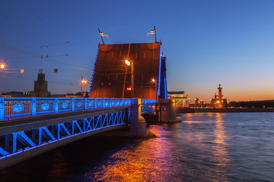 Opened the Palace bridge, White Nights in St. Petersburg, Russia