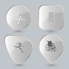 cardiogram, glass with tablets, jumping girl, invalid chair.