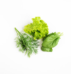 Organic food. ingredients for salad isoladen on white. top view