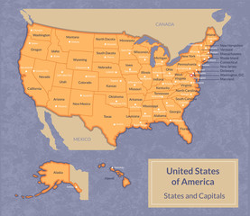 Vector illustration of USA map with all states and their capitals. Vintage look with grunge texture. - 114387304