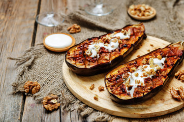 roasted spicy eggplants with Greek yogurt walnuts topping