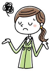 作業服の女性　困る
