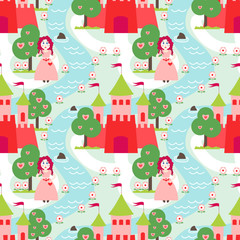 Fototapeta na wymiar Seamless vector pattern with princess and castle for little girls.