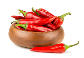 Red hot chili peppers in wooden bowl