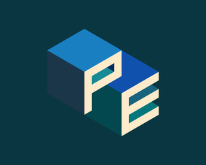PE isometric 3D letter logo. three-dimensional stock vector alphabet font typography design.