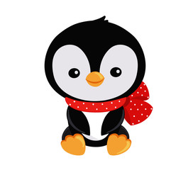 Illustration. Cute Christmas penguin in a sitting position with a bow on her neck.