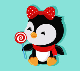 Cute Christmas penguin holds candy.