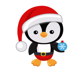 Cute Christmas penguin in hat Santa Claus. Vector illustration isolated on white background.