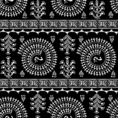 Warli painting seamless pattern - hand drawn traditional the ancient tribal art India. Pictorial language is matched by a rudimentary technique depicting rural life of the inhabitants of India