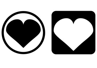 Set of two elements. Icon, Heart button. Heart in the round frame, heart on a square background. Isolated abstract.