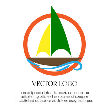 Round icon, logo. Sailboat, yacht, round frame, wave. A colorful green, yellow, brown, red, blue. Abstract, isolated.