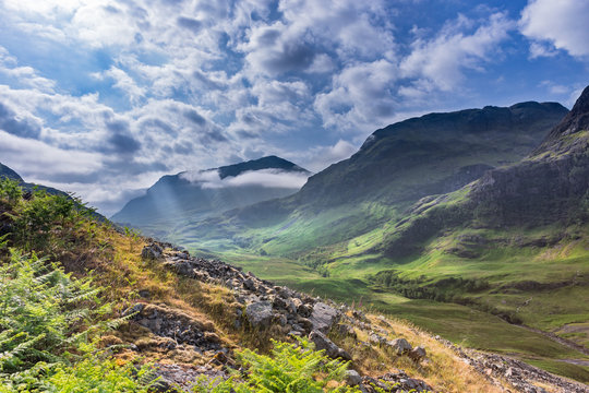 Scottish Highlands Valley at Spring, Sunlight Breaking Through the Clouds