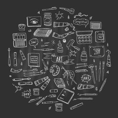 Hand drawn doodle Art and Craft tools icons set Vector illustration art instruments symbols collection Cartoon various art tools Brush Watercolor Paint Artist elements on chalkboard background Sketch