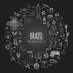 Hand drawn doodle Welcome to Brazil set Vector illustration Sketchy Brazilian traditional icons Cartoon Brazil typical elements collection Landmark Football ball cleats goal Capoeira Samba Orchid