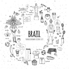 Hand drawn doodle Welcome to Brazil set Vector illustration Sketchy Brazilian traditional icons Cartoon Brazil typical elements collection Landmark Football ball cleats goal Capoeira Samba Orchid