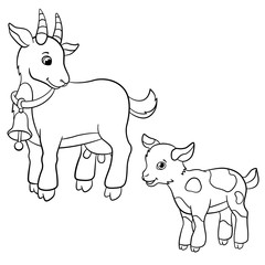 Coloring pages. Farm animals. Cute mother goat with goatling.