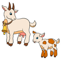 Cartoon farm animals for kids. Mother goat looks at her baby goat