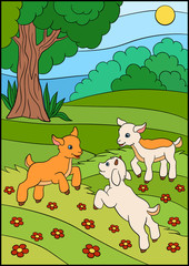 Cartoon farm animals for kids. Three baby goats play and smile on the field.