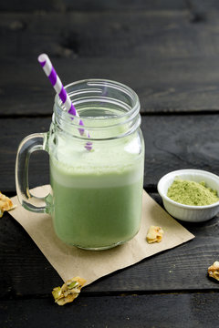 Matcha tea smoothie. This refreshing drink is made with matcha (powdered green tea). It's healthy, refreshing and tastes delicious. Perfect  for those hot summer days!