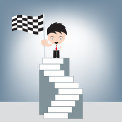 Businessman on top stair and winner finish flag in hand, illustration vector in flat design
