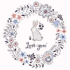 Romantic floral frame with cute rabbit. Vector background