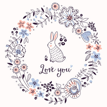 Fototapeta Romantic floral frame with cute rabbit. Vector background