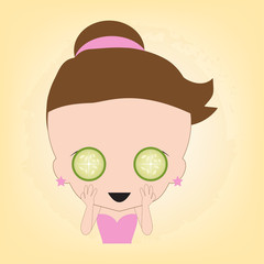 Woman happy with cucumber on face for spa healthy, illustration vector in flat design