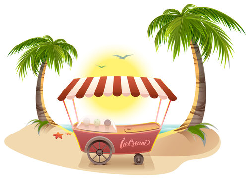 Ice cream truck among palm trees on tropical beach