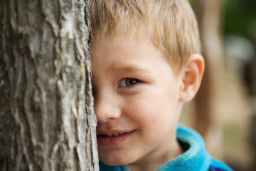 the little boy looks out because of a tree