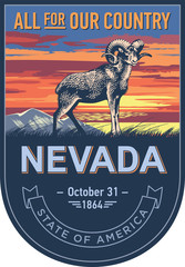 Невада, стилизованная эмблема штата Америки, пустынный толсторог на закате на синем фоне