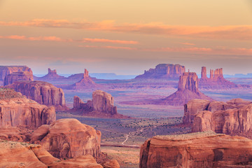 Hunts Mesa is a rock formation located in Monument Valley, south of the border between Utah and...
